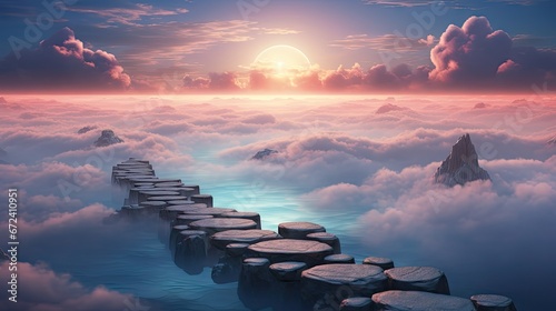  a painting of a long line of rocks in the middle of a sea of clouds with a rising sun in the background. generative ai