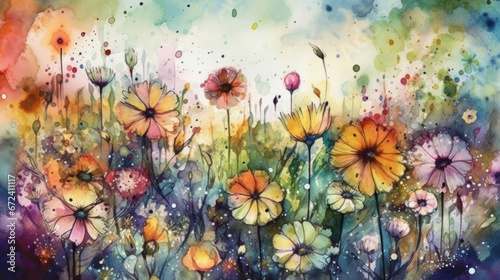Watercolor painting of colorful flowers. © Tamazina