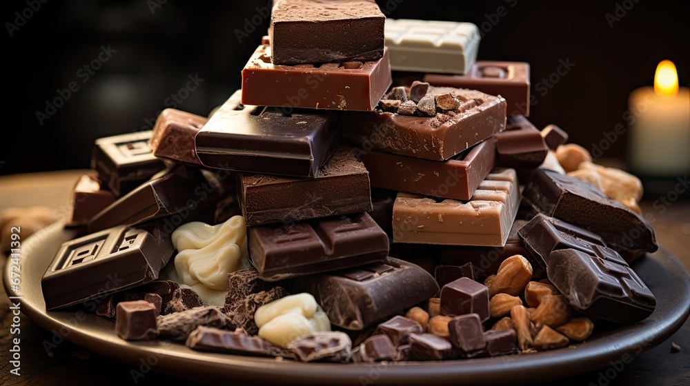 a plate of assorted chocolates and nuts with a lit candle in the background on a wooden table top. generative ai a plate of assorted chocolates and nuts with a lit candle in the background on a wooden table top. generative ai
