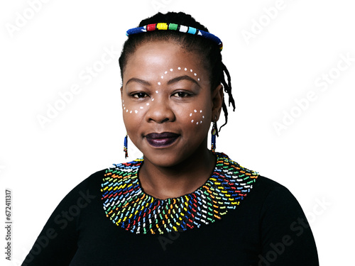 Fotografie Portrait, culture or tradition with a black woman in an outfit isolated on a transparent background