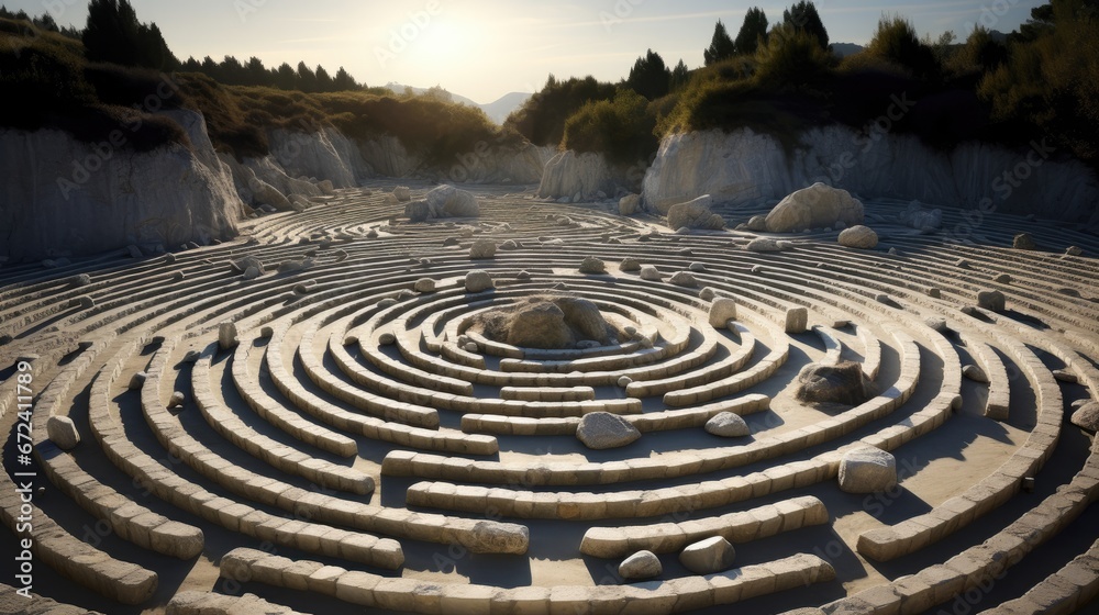  a large circular stone maze in the middle of a field with rocks on the ground and trees in the background.  generative ai