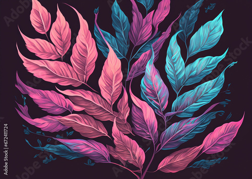 pink and blue leaves on a dark background