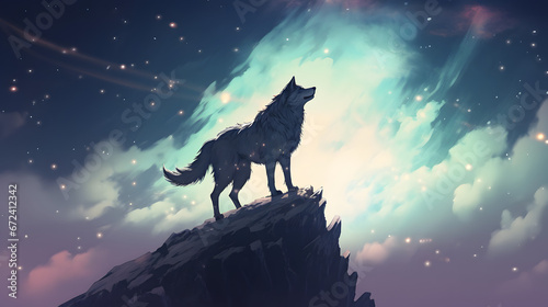 woman on the wolf standing on top of a mountain against the night sky, digital art style, illustration painting © Prasanth