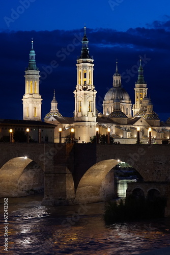 Cathedral-Basilica of Our Lady of the Pillar at night, Zaragoza, Spain