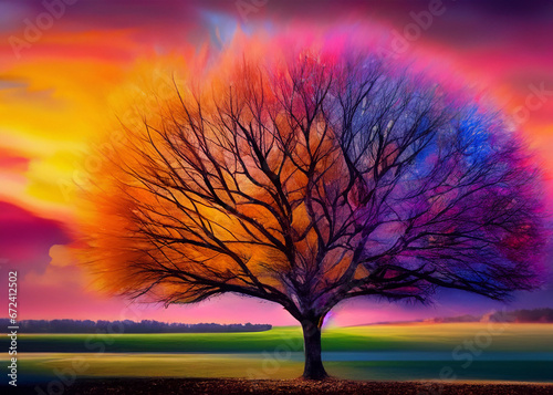 A Tree in a Field with a Colorful Background