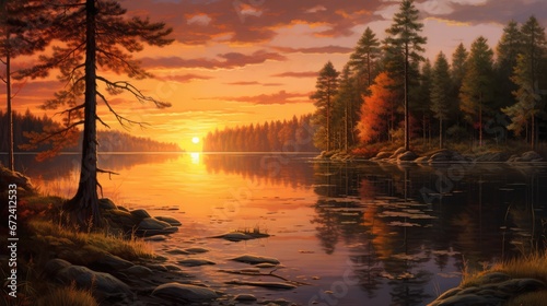  a painting of a sunset over a body of water with trees in the foreground and rocks in the foreground. generative ai