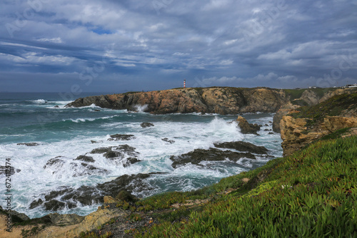 Brave Atlantic Ocean on a stormy day in Porto Covo, Portugal