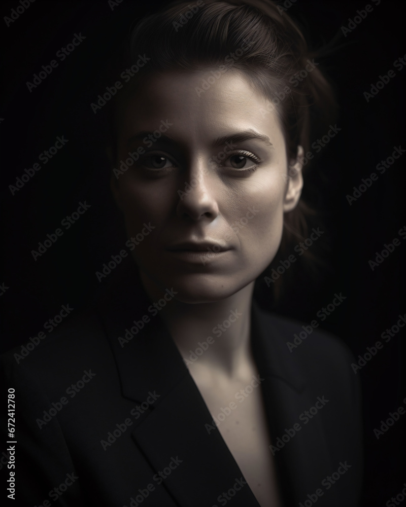 Obraz premium A woman in a black suit with a serious look on her face