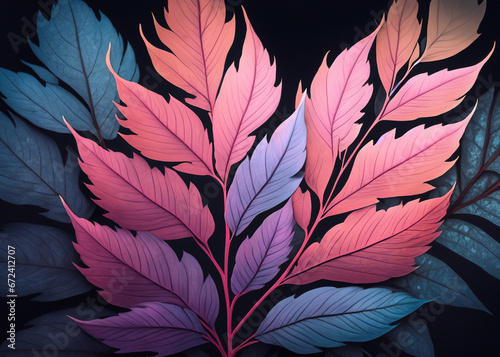 A Group of Colorful Leaves in Pink, Blue, and Purple