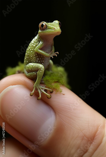 little green frog sitting on your finger.
