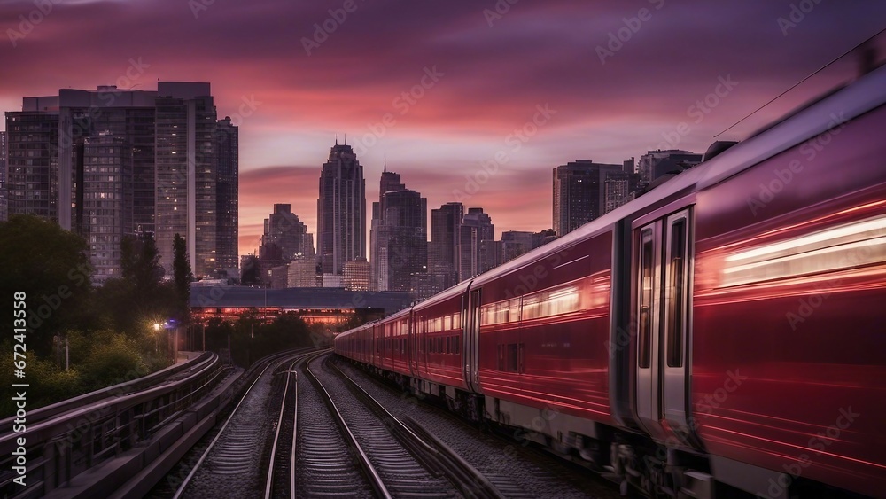 Fototapeta premium motion blur train at sunset A rapid train that zooms through an urban area at dusk. The train is silver and red, 