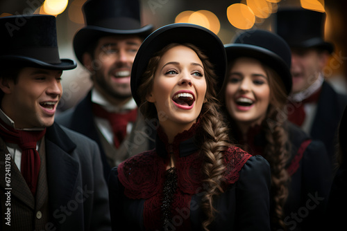 A group of carolers sing traditional Christmas carols on a snowy street in festive attire © Alina