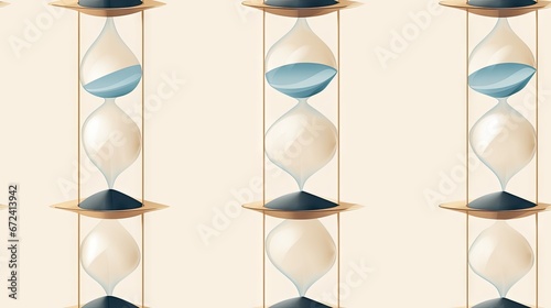  a group of sandglasses sitting on top of each other in front of a beige wall with a clock on each of them.  generative ai