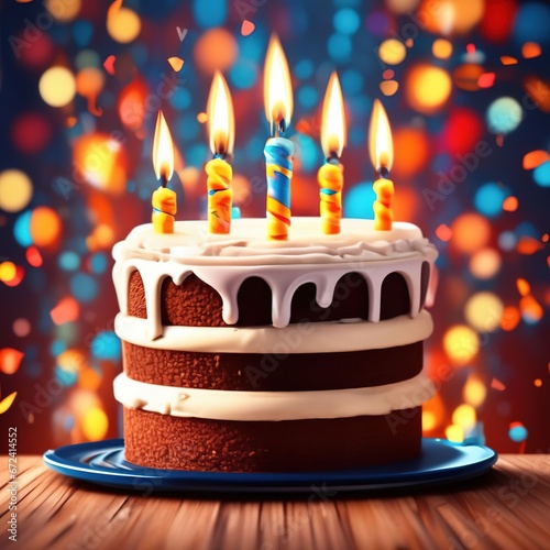 cake with candles on a background of bokeh lights. illustration in realistic style. birthday