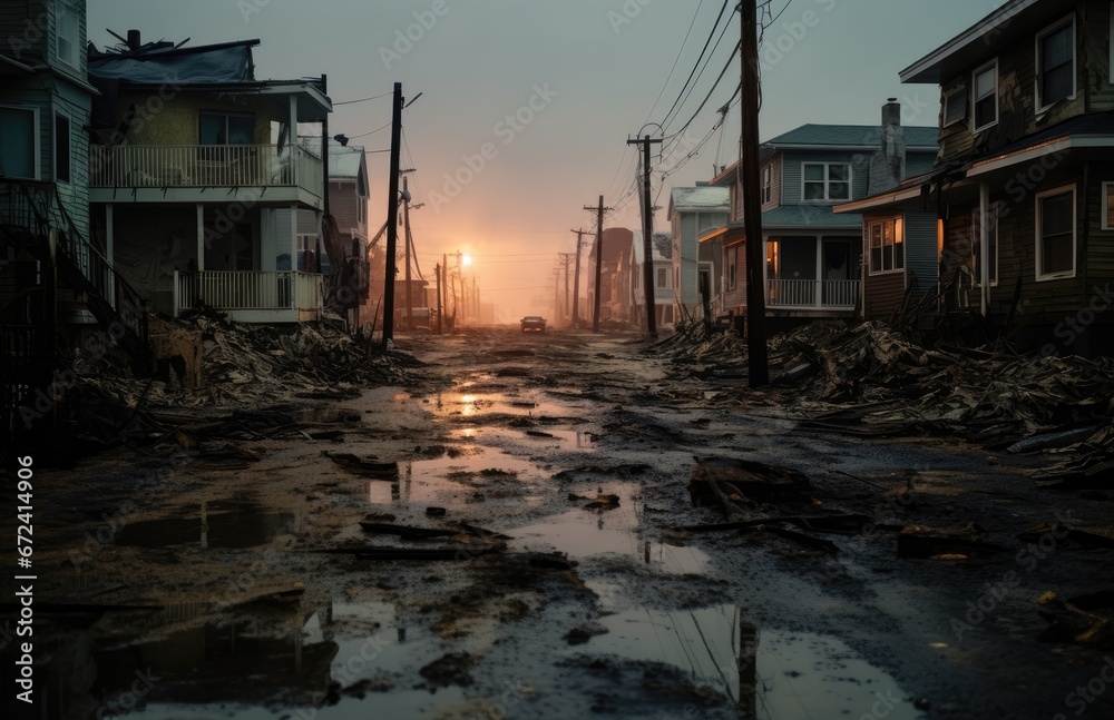 Desolate City Skyline at Dusk Reflections on Water Amidst Abandoned Buildings