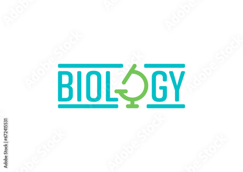 biology logo with microscope on white background. turquoise biology word and green microscope symbol