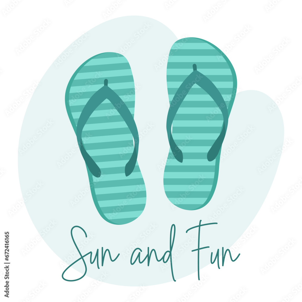 Colorful flip flops, summer slippers and the phrase Sun and fun. Summer background, print for t-shirts, vector Colorful flip flops, summer slippers and the phrase Sun and fun. Summer background, print for t-shirts, vector