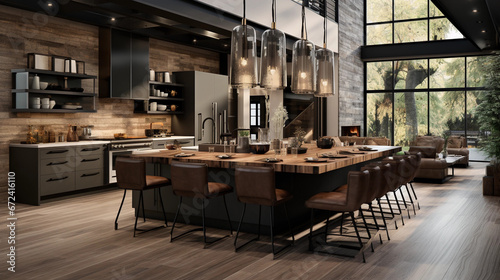 A modern kitchen with a large island pendant lighting © Milan