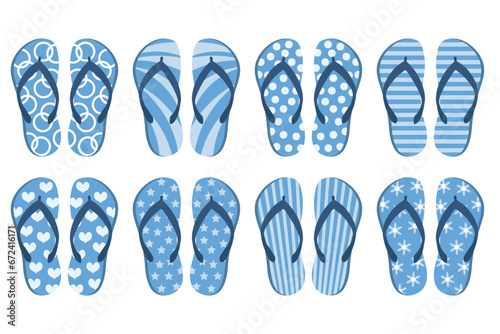 A set of colorful rubber flip flops. Illustration of summer shoes, top view of slippers. Pool shoes. Flat design. Icons, vector