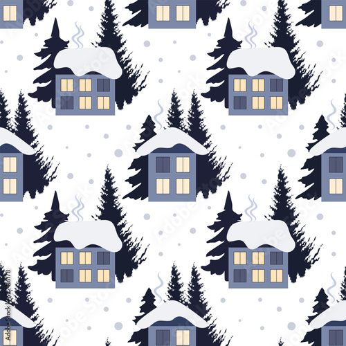 Seamless pattern, winter rural landscape with houses in the snow, fir trees and trees. Print, vector 