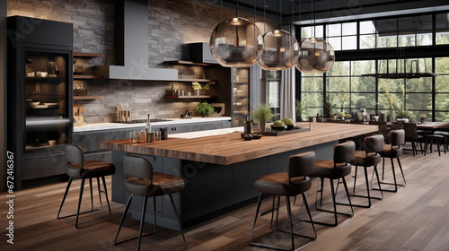 A modern kitchen with a large island pendant lighting