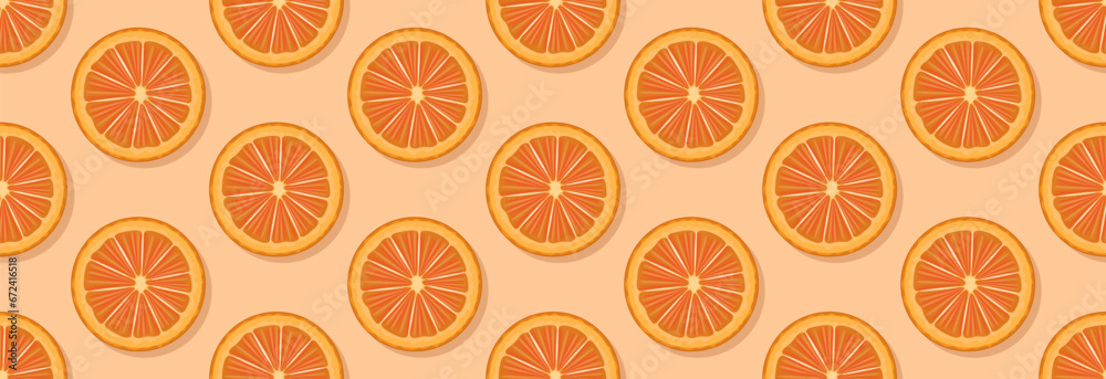 Round piece of sweet orange on a seamless background. Wrapper, background or banner for advertising.
