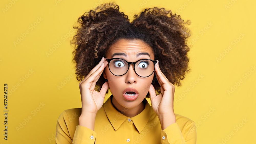 Photo of young funny african american woman brown hair pouty lips unexpected holding specs cant believe her eyes isolated on yellow color background.
 - obrazy, fototapety, plakaty 