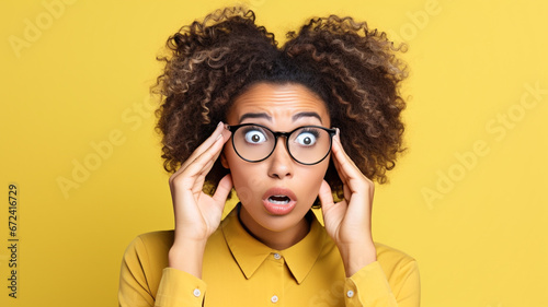 Photo of young funny african american woman brown hair pouty lips unexpected holding specs cant believe her eyes isolated on yellow color background.
 photo