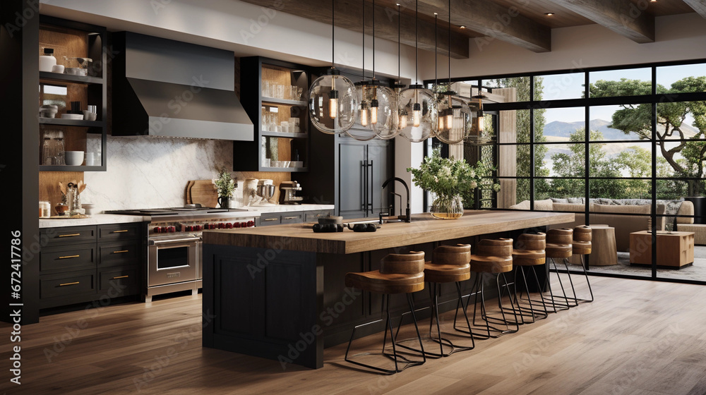 A modern kitchen with a large island pendant lighting