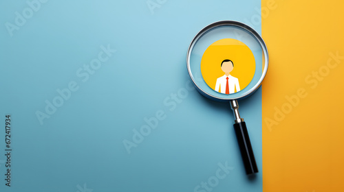 Yellow human icon inside of magnifier glass among white icons for customer focus and customer relation management or CRM concept. photo