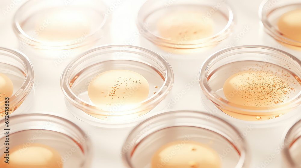 Cosmetic oil Serum for the face in open Petri dishes. Creative wallpaper concept for the production of care cosmetics. Laboratory analysis. Cosmetic oil Serum for the face in open Petri dishes. Creative wallpaper concept for the production of care cosmetics. Laboratory analysis.