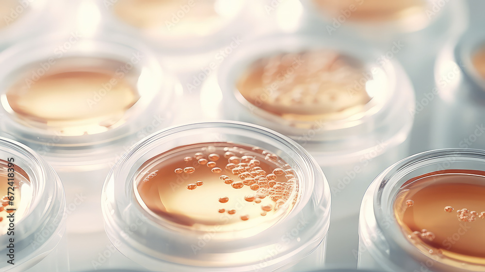 Cosmetic oil Serum for the face in open Petri dishes. Creative wallpaper concept for the production of care cosmetics. Laboratory analysis. Cosmetic oil Serum for the face in open Petri dishes. Creative wallpaper concept for the production of care cosmetics. Laboratory analysis.