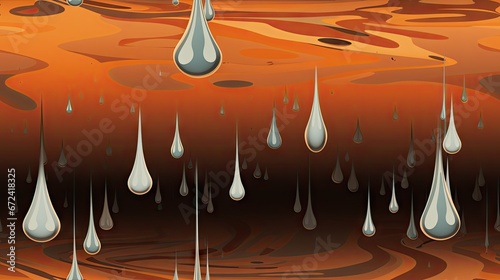  a group of drops of water floating on top of an orange and black ground with a sky in the background.  generative ai
