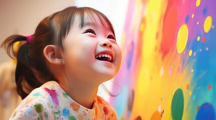 Joyful little girl draw on wall painted with rainbow colors. Drawing for children, additional early education. 