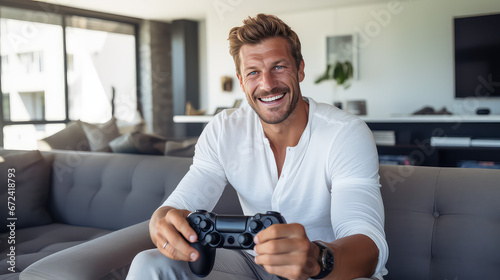 Smiling young man hold game controller in hands, sitting on couch in living room. Playing video games on console, fun, entertainment. 