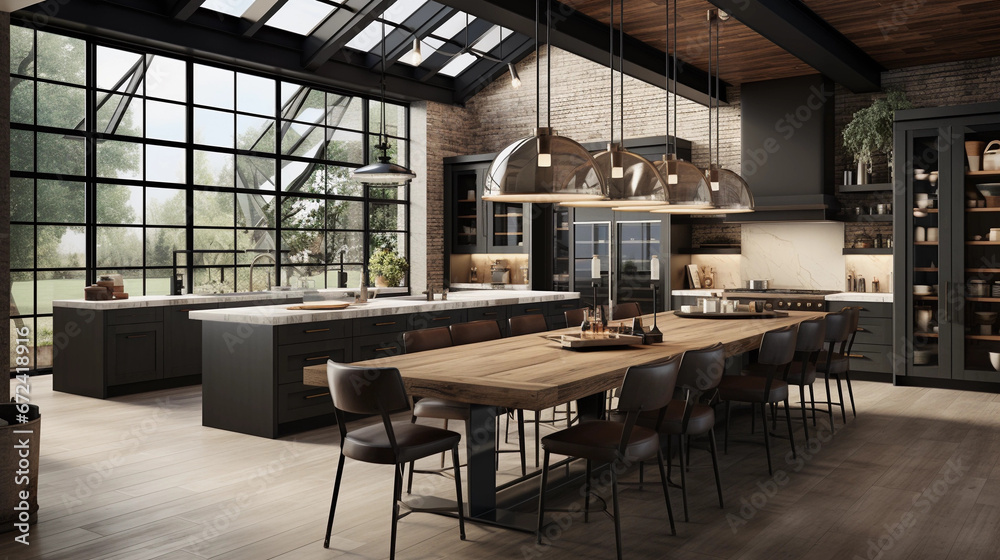 A modern kitchen with a large island pendant lighting