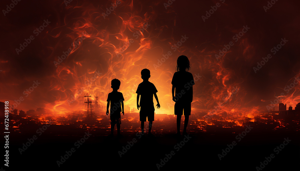 Silhouette of a person against the background of a burning house at night,Generated by AI Silhouette of a person against the background of a burning house at night,Generated by AI