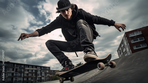 Young man skateboarding outside, on the street. Guy skateboarder perform extreme tricks. 