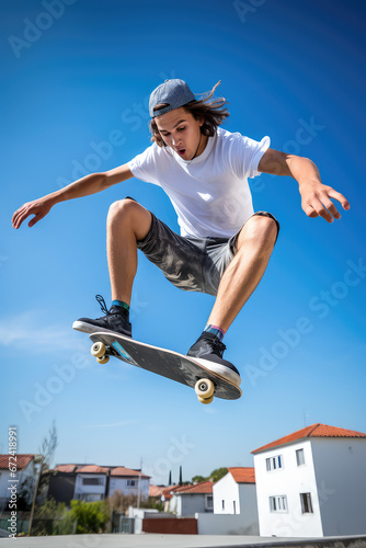 Young man skateboarding outside, on the street. Guy skateboarder perform extreme tricks. 