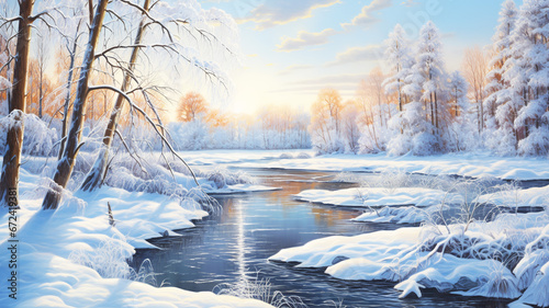 Colorful illustration of a winter landscape with a river and a forest,Generated by AI