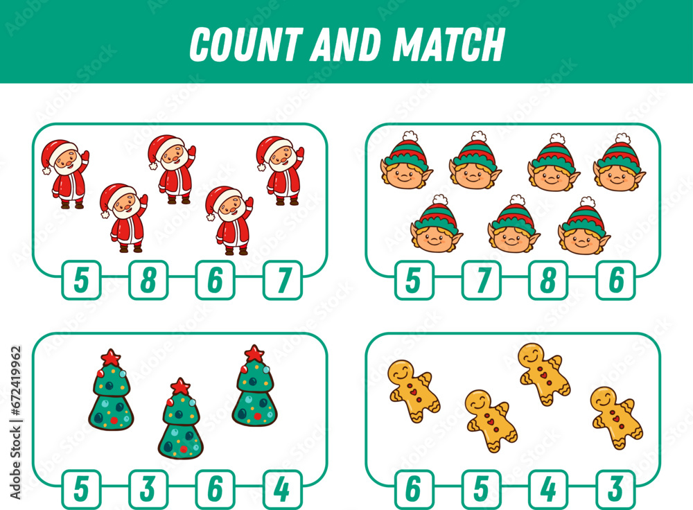 Fototapeta premium Education game for children count and match of winter elements, printable worksheet. Xmas. Vector