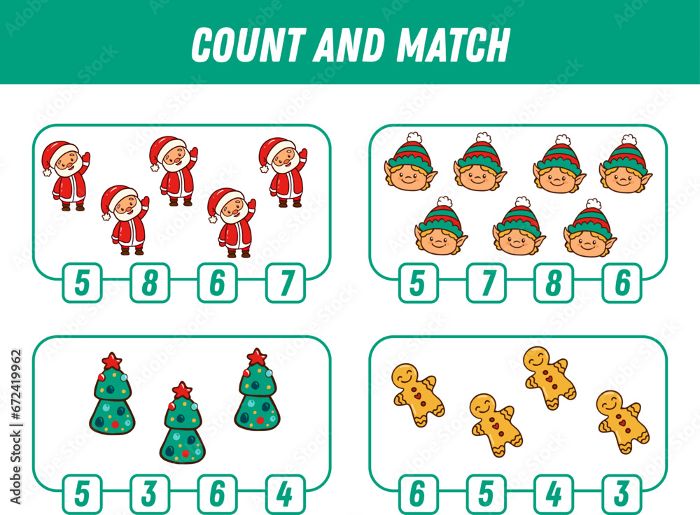 Education game for children count and match of winter elements,  printable worksheet. Xmas. Vector