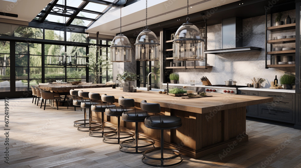 Naklejka premium A modern kitchen with a large island pendant lighting