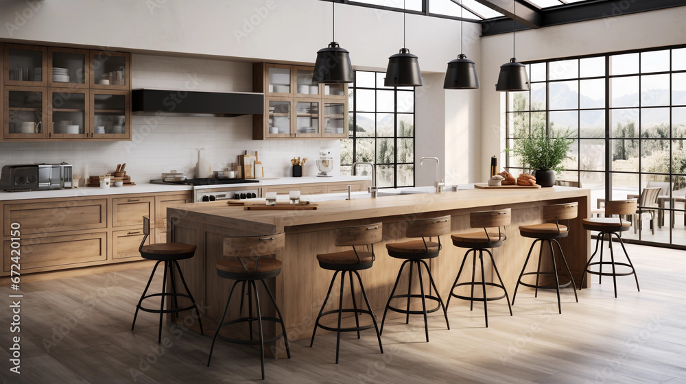 A modern kitchen with a large island pendant lighting