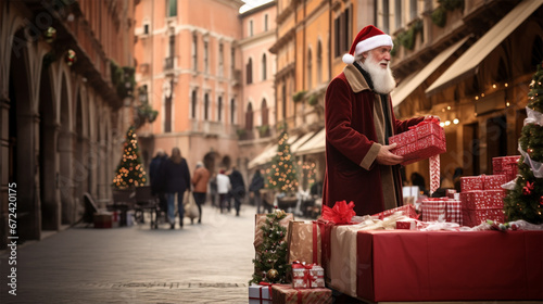 A salesman dressed as Santa lays out gift boxes on a counter at a Christmas market. Christmas and New Year holiday concept.  © Margo_Alexa