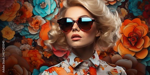 a beautiful high fashion lady with cool sunglasses in front of a crazy multicolored abstract background