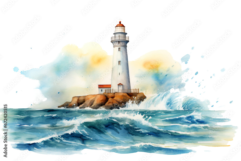 lighthouse on the coast isolated against transparent background in watercolor design - obrazy, fototapety, plakaty 