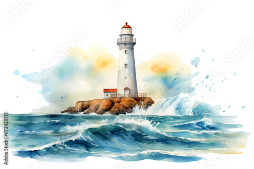 lighthouse on the coast isolated against transparent background in watercolor design photo