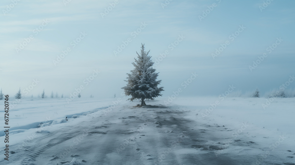 Snow covered fir trees alone in the middle of winter landscape without people and other trees.Foggy forest, copy space Snow covered fir trees alone in the middle of winter landscape without people and other trees.Foggy forest, copy space
