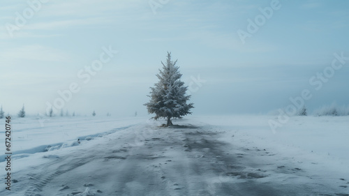 Snow covered fir trees alone in the middle of winter landscape without people and other trees.Foggy forest, copy space